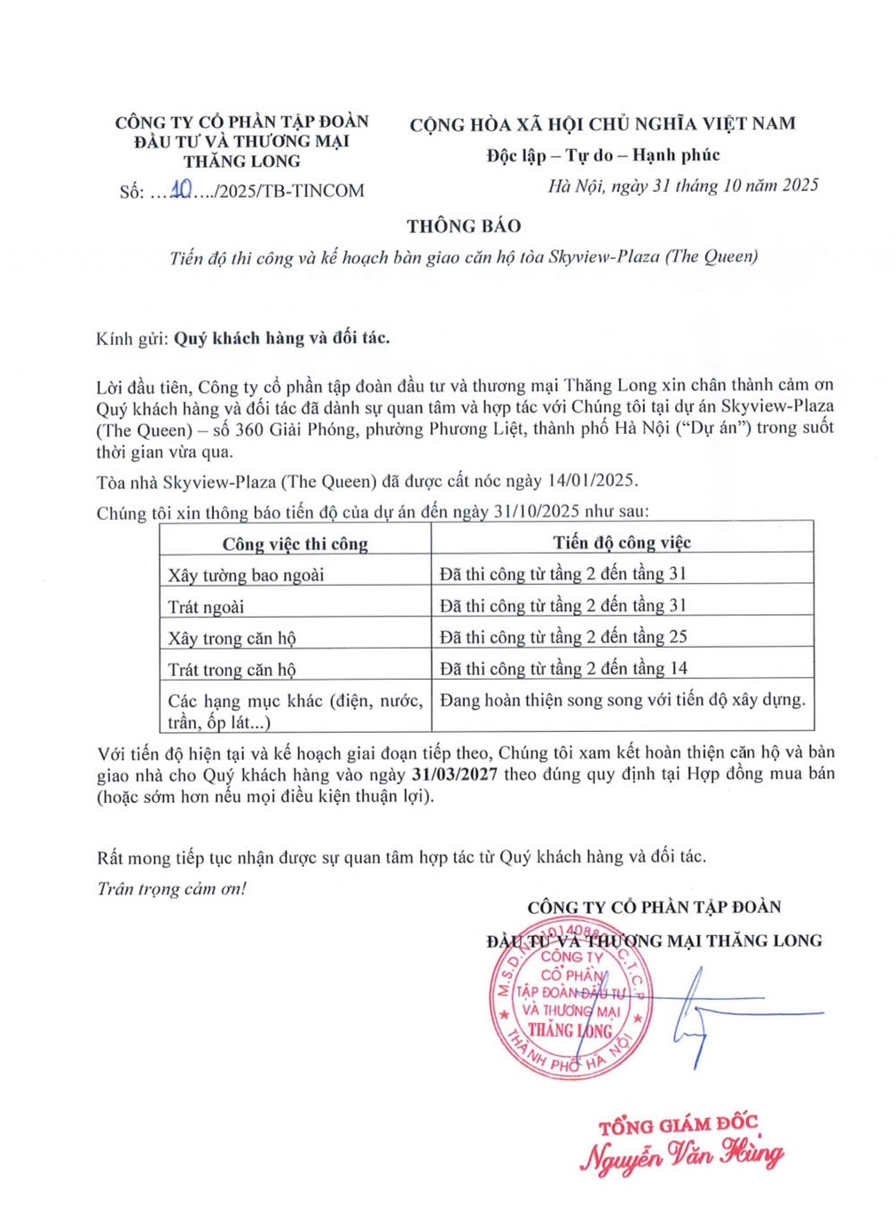 CAM KẾT CỦA CHỦ ĐẦU TƯ CHUNG CƯ 360 GIẢI PHÓNG