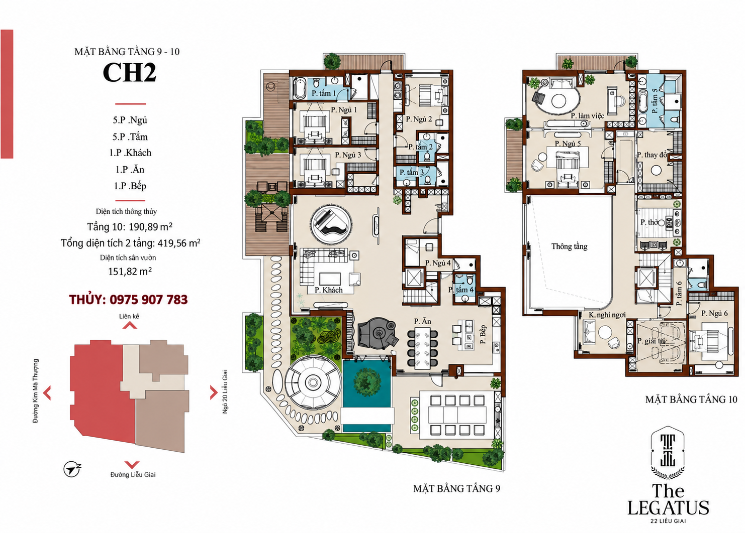 Mặt bằng căn hộ CH2 Duplex The Legatus tại 22 Liễu Giai, gồm tầng 9 và tầng 10